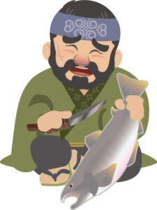 マキリで魚をさばくアイヌ民族